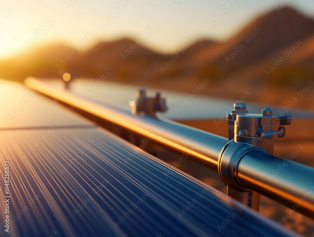 Naklejka premium A close-up of solar panels reflecting sunlight with a desert landscape in the background, highlighting renewable energy technology at dusk.