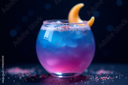 Mystical Purple-Blue Cocktail with Moon Garnish in Starlit Setting