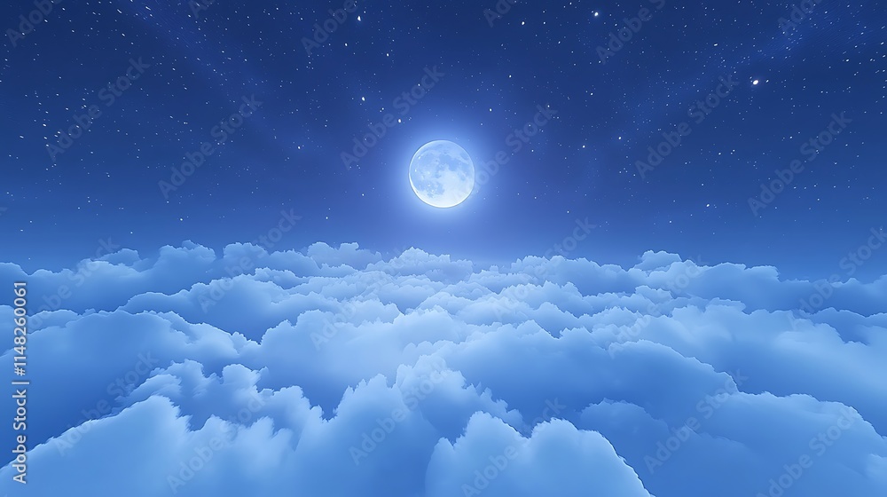 Full moon shining above a sea of clouds at night, stars visible in the dark sky.