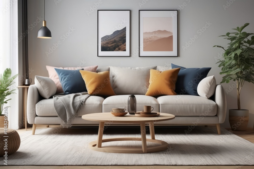 Fototapeta premium furniture and interior concept sofa with cushions at cozy home living room