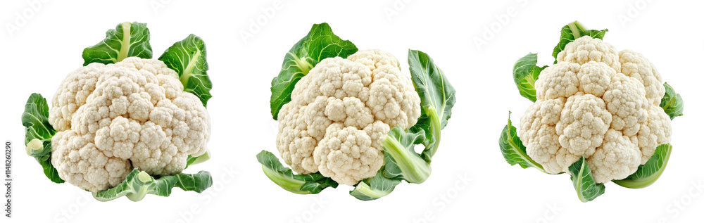 Fresh cauliflower heads with vibrant green leaves Fresh cauliflower heads with vibrant green leaves