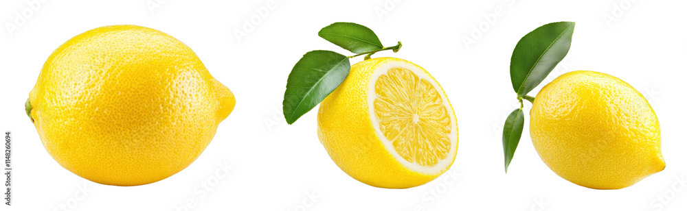 Fresh lemons with leaves, whole and sliced half Fresh lemons with leaves, whole and sliced half