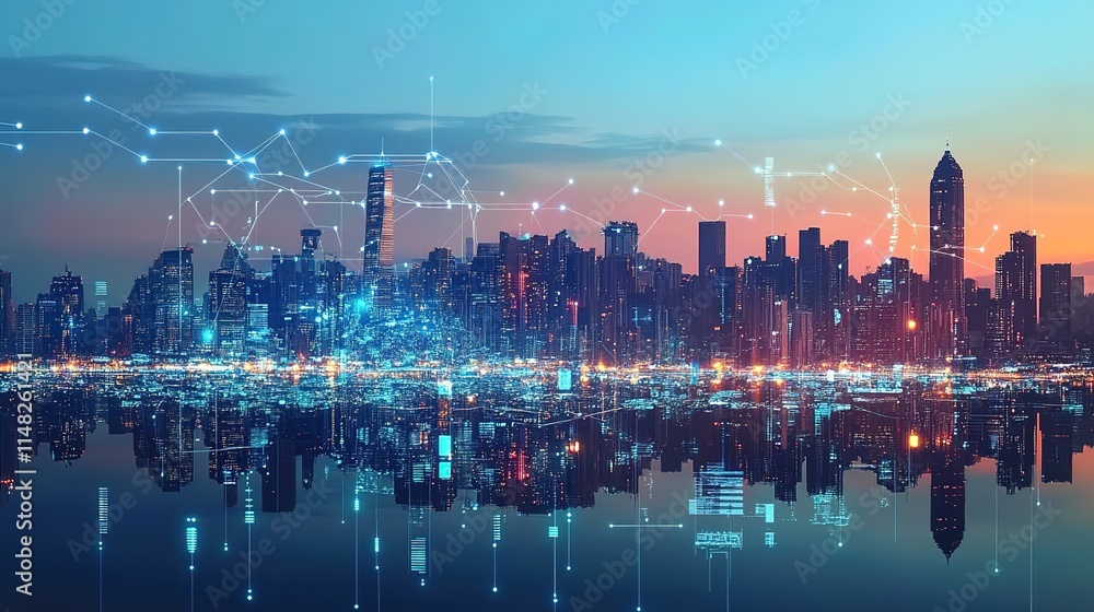 Obraz premium A city skyline at dusk, with glowing blue network connections linking buildings and streets, symbolizing the integration of smart technology in urban life. 