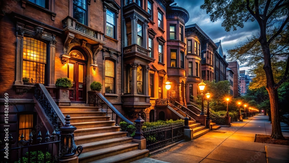 Fototapeta premium Night Photography Brownstone Building, Cityscape, Urban Architecture, Dark Night, Illuminated Facade, Evening City Lights, Brownstone Exterior, Building Photography