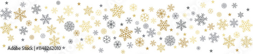 Christmas snowflakes background. Winter gold and silver snow decoration, greeting card. Noel subtle frame backdrop. Vector illustration