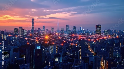 A city skyline at dusk, with glowing blue network connections linking buildings and streets, symbolizing the integration of smart technology in urban life.  photo