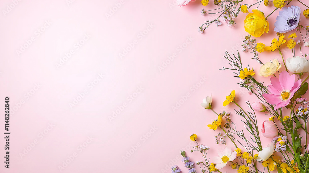 Naklejka premium Colorful spring flowers arranged on soft pink background create vibrant and cheerful atmosphere, perfect for celebrating nature beauty
