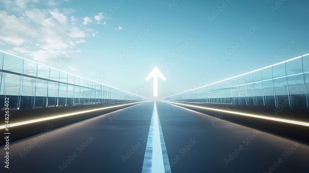 Futuristic road with glowing arrow leading to bright horizon. Futuristic road with glowing arrow leading to bright horizon.