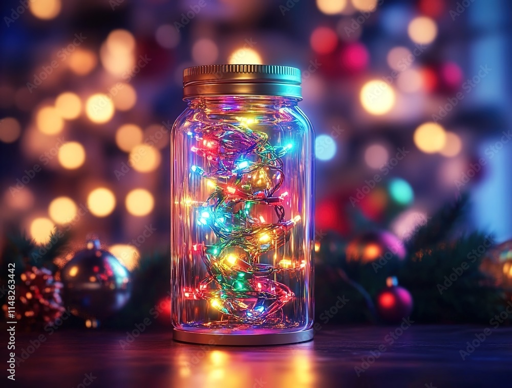 A clear glass jar with colorful LED lights inside, centered on the table in front of it, with blurred Christmas decorations and a bokeh background A clear glass jar with colorful LED lights inside, centered on the table in front of it, with blurred Christmas decorations and a bokeh background