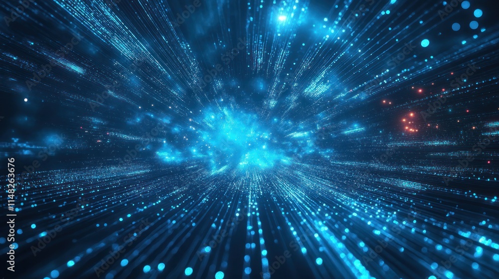 Abstract digital art: Hyperspace tunnel, glowing particles and radiant blue light streaks. Abstract digital art: Hyperspace tunnel, glowing particles and radiant blue light streaks.