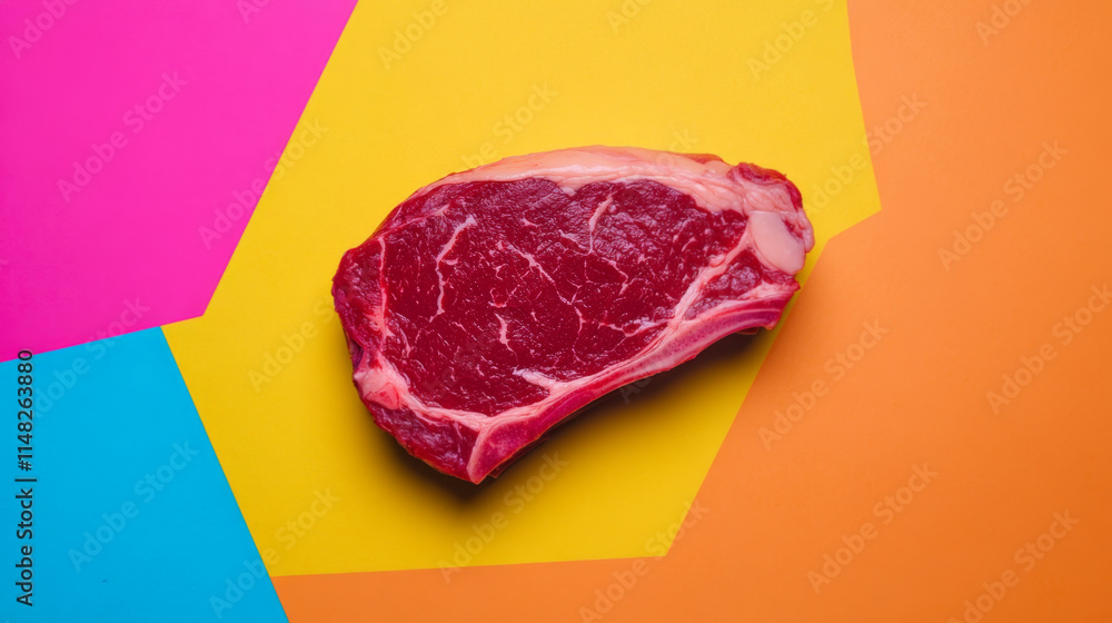 Obraz premium Raw Steak on Vibrant Colorful Background