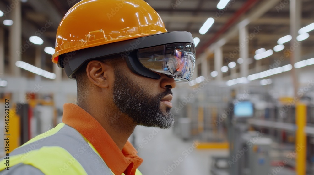 Innovative worker using augmented reality glasses in modern factory industrial setting close-up view technology integration Innovative worker using augmented reality glasses in modern factory industrial setting close-up view technology integration