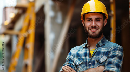 Confident Construction Worker Smiling at Building Site Wearing Yellow Hard Hat, Perfect for Business and Industry Use