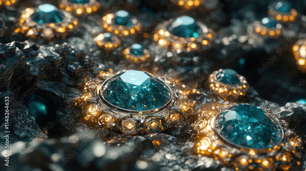 Close-up of blue gemstones embedded in dark rock. Close-up of blue gemstones embedded in dark rock.