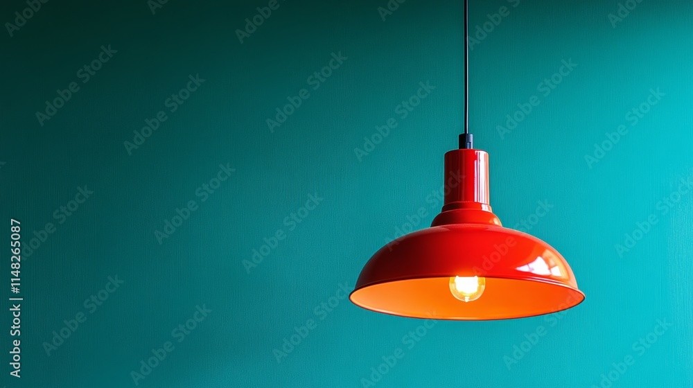 A red pendant light hanging against a teal wall, creating a vibrant interior atmosphere. A red pendant light hanging against a teal wall, creating a vibrant interior atmosphere.