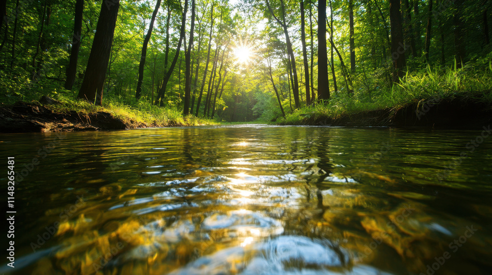 Fototapeta premium Forests and Swimming, A serene forest scene with sunlight filtering through trees, reflecting on a calm stream, creating a peaceful and tranquil atmosphere.