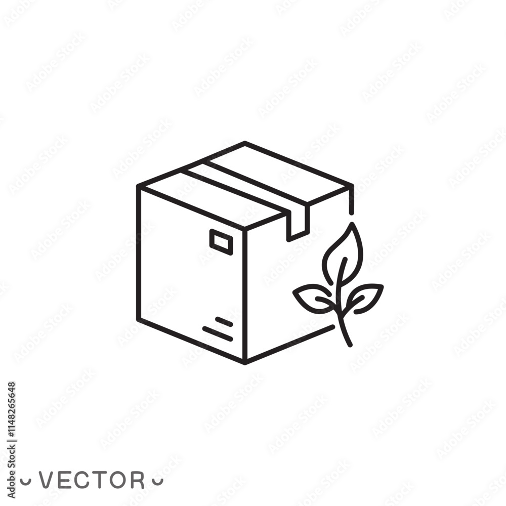 eco packaging icon, box with leaf, ecologically clean products, thin line symbol concept isolated on white background, editable stroke eps 10 vector illustration eco packaging icon, box with leaf, ecologically clean products, thin line symbol concept isolated on white background, editable stroke eps 10 vector illustration