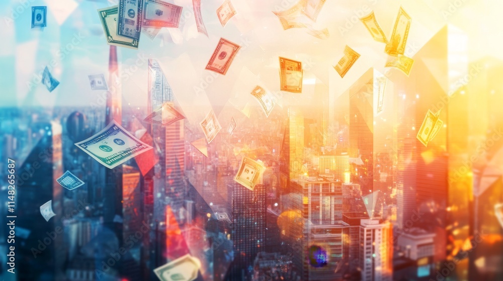 Naklejka premium Money raining down in a vibrant cityscape urban financial growth digital art bright atmosphere aerial view prosperity concept