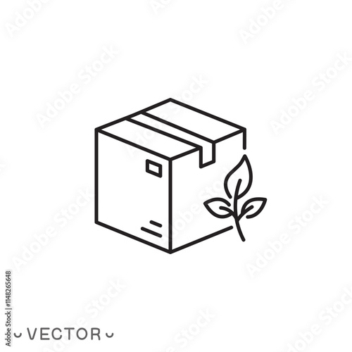 eco packaging icon, box with leaf, ecologically clean products, thin line symbol concept isolated on white background, editable stroke eps 10 vector illustration