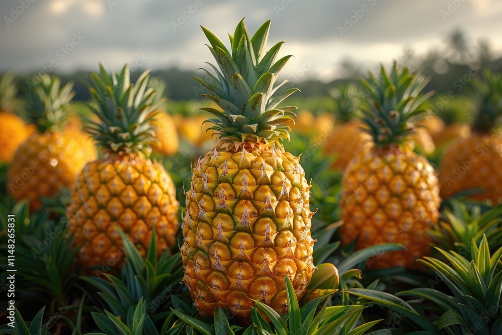 Golden Pineapples Grow Lushly In A Tropical Field Golden Pineapples Grow Lushly In A Tropical Field