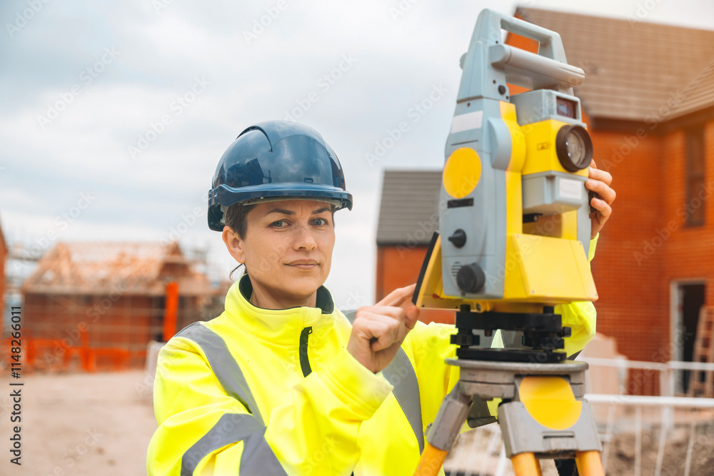 Female building engineer uses surveying equipment on a construction site in a residential area during daylight hours Female building engineer uses surveying equipment on a construction site in a residential area during daylight hours