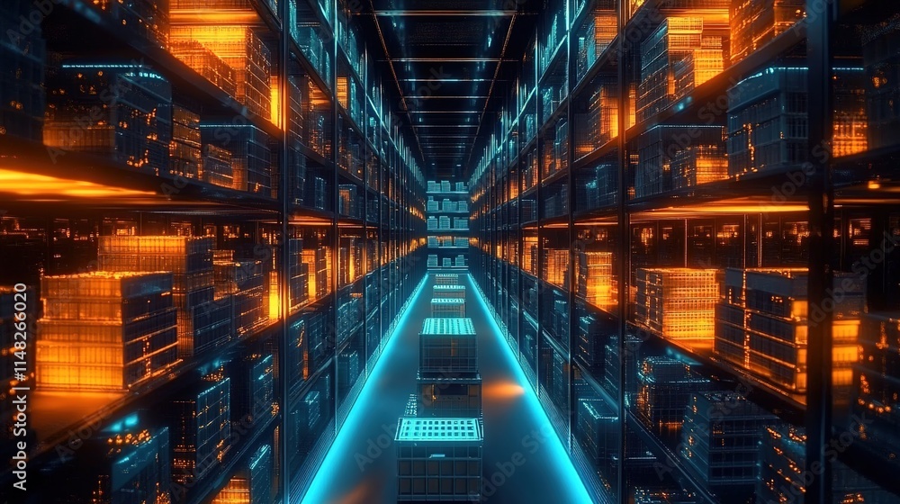 A digital data storage room with rows of shelves filled with boxes, glowing in orange and blue lights. A digital data storage room with rows of shelves filled with boxes, glowing in orange and blue lights.