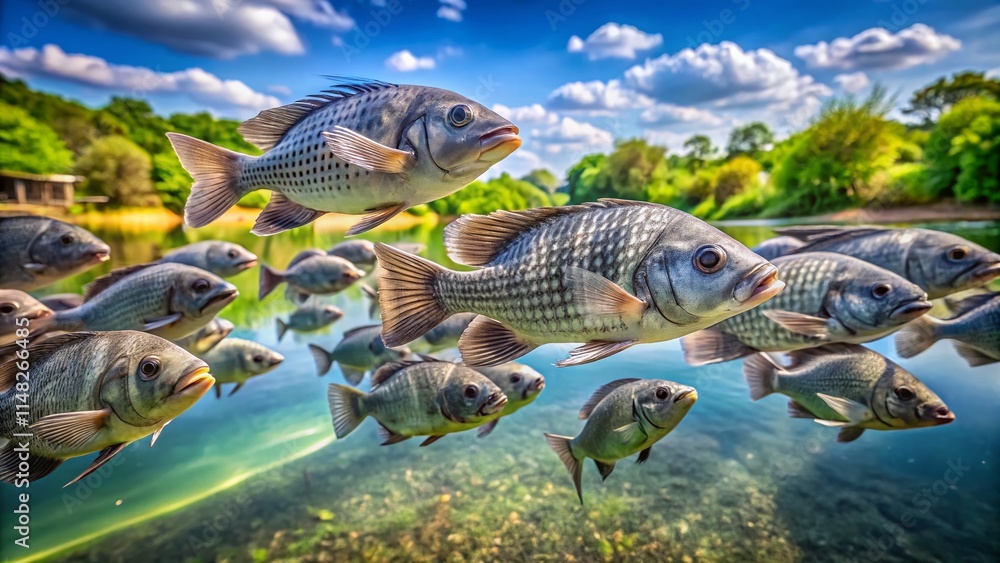 Fototapeta premium Nile Tilapia School, Gray Fish, Black Stripes, Canal, Freshwater Fish, Oreochromis niloticus, Cichlidae Family, Aquatic Life, Economic Fish, Farming, Aquaculture