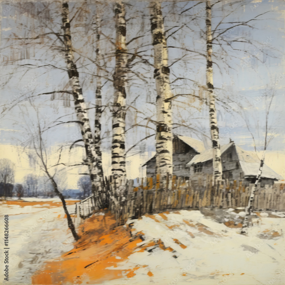 Peaceful Winter Landscape with Birch Trees and Snowy Path Peaceful Winter Landscape with Birch Trees and Snowy Path