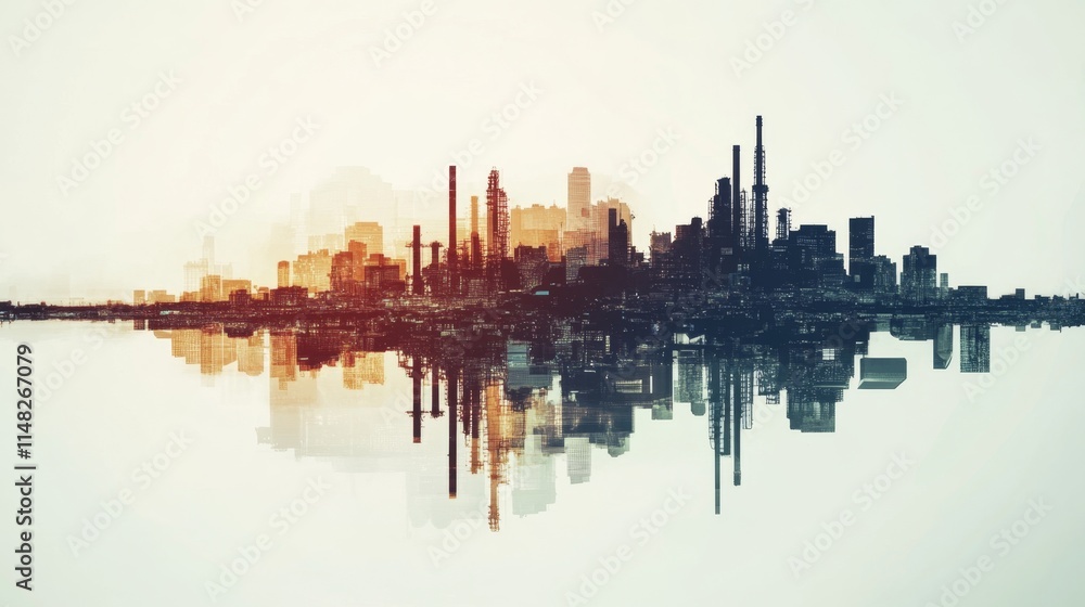 Naklejka premium Industrial skyline transformation urban city digital graphic futuristic environment aerial view innovation concept