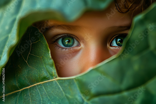 Child’s Blue Eye Peeking Through Lush Green Leaves