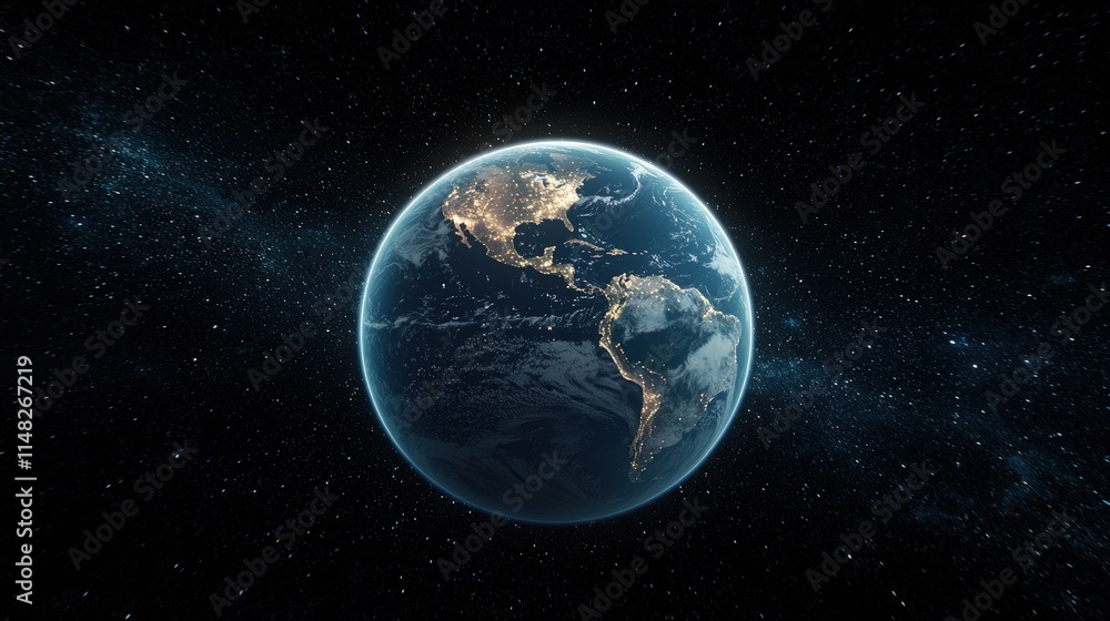 Obraz premium Planet Earth globe showing North and South America with glowing night city lights in deep space.