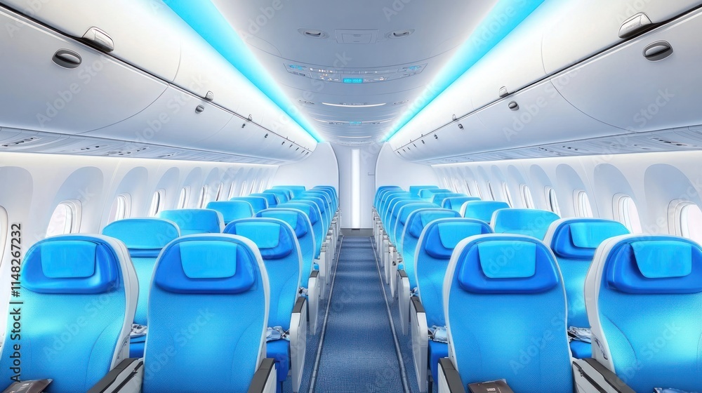 Naklejka premium Empty airplane cabin with blue seats and bright LED lighting.