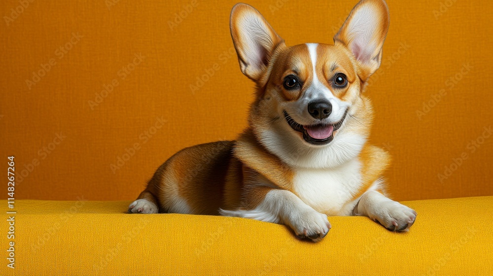 Playful and happy puppy dog with a radiant smile sitting comfortably on a vibrant yellow background showcasing pure joy and cuteness Playful and happy puppy dog with a radiant smile sitting comfortably on a vibrant yellow background showcasing pure joy and cuteness