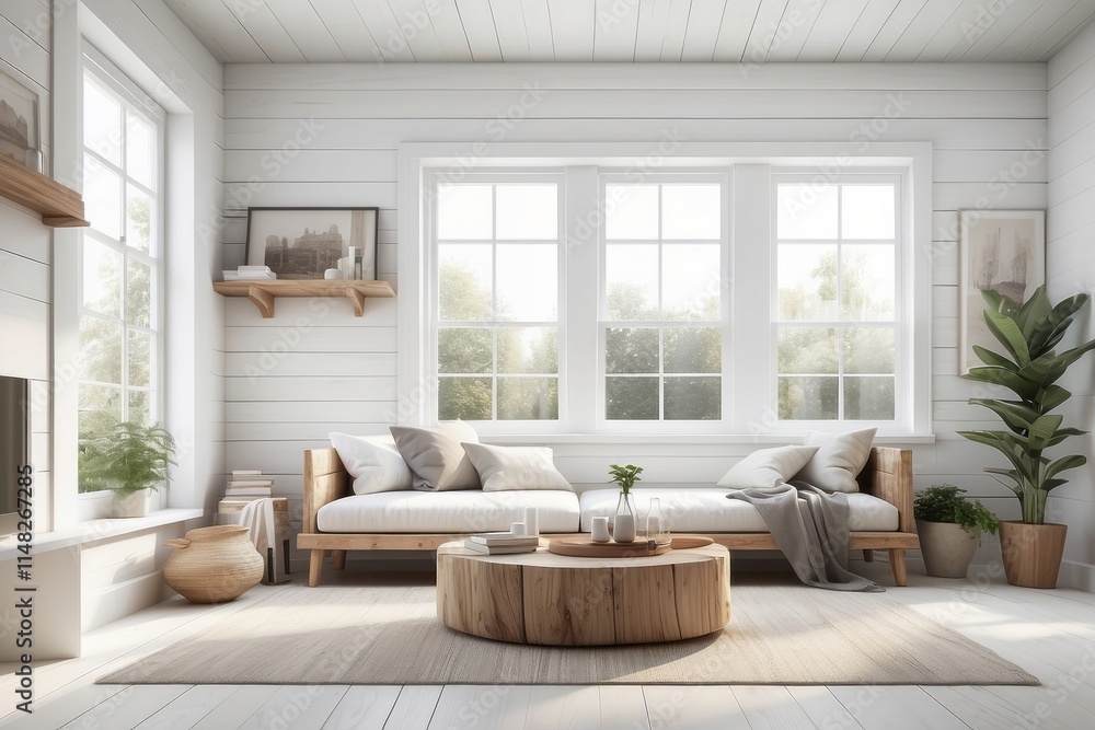Fototapeta premium White wood shiplap home showcase interior sitting area