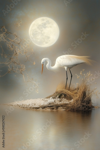 Ethereal egret under a full moon on a reflective water surface