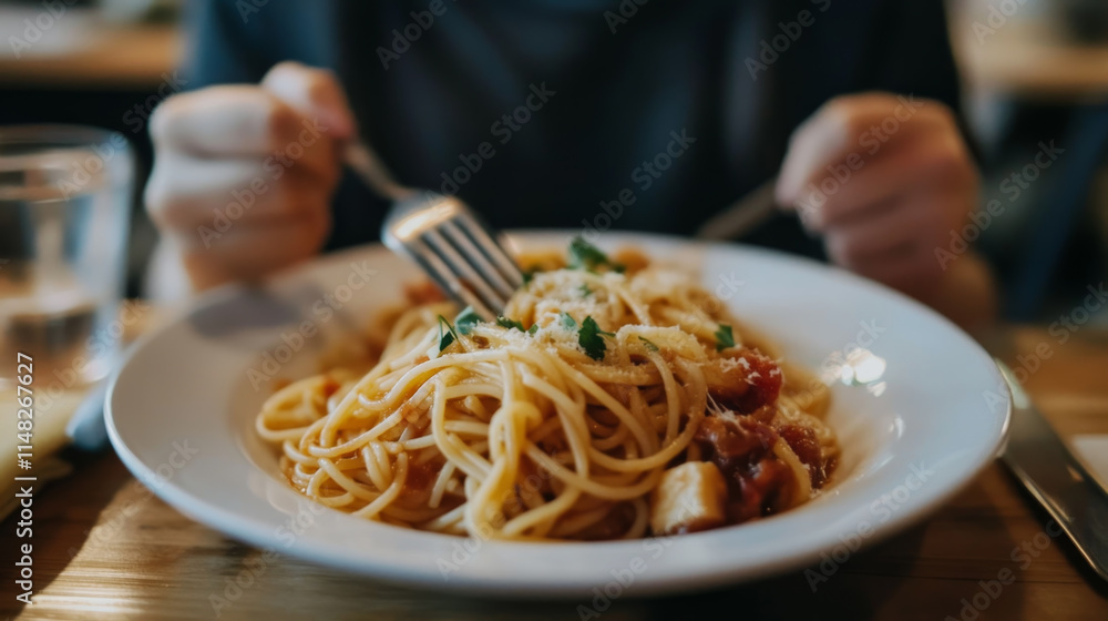 Person Enjoying a Plate of Spaghetti with Tomato Sauce Person Enjoying a Plate of Spaghetti with Tomato Sauce
