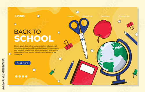Back to school landing page template sale banner with graduation cap, books, pencils, ruler. Vector illustration