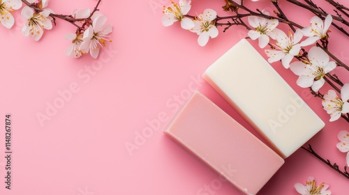 Essential oil floral soap bars studio photography on pink photo