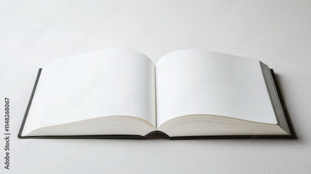 A book is open to a blank page. The book is black and white A book is open to a blank page. The book is black and white