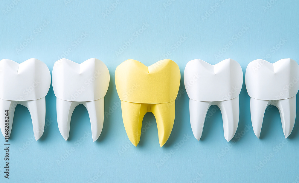 Brightly colored tooth shaped cutouts arranged in row, featuring yellow tooth in center surrounded by white ones, set against light blue background Brightly colored tooth shaped cutouts arranged in row, featuring yellow tooth in center surrounded by white ones, set against light blue background