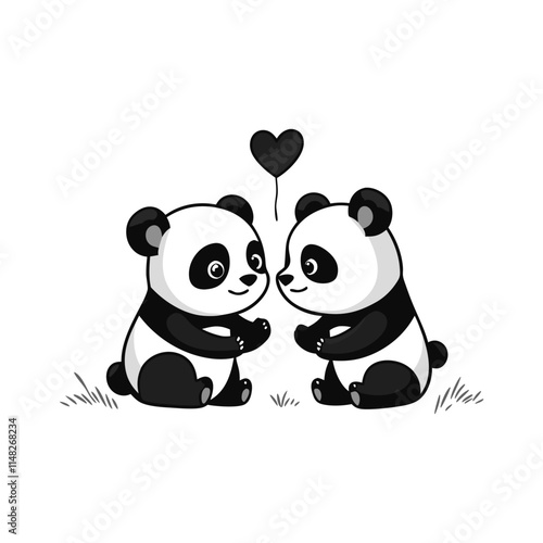 Two pandas with hearts and Vector illustration of panda isolated on white background.