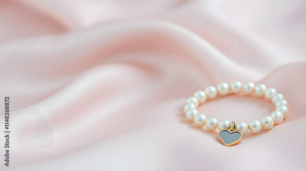 Fototapeta premium Delicate Pearl Bracelet: A timeless and elegant pearl bracelet with a heart charm, resting on a soft pink satin background. This image evokes feelings of femininity, love, and sophistication.
