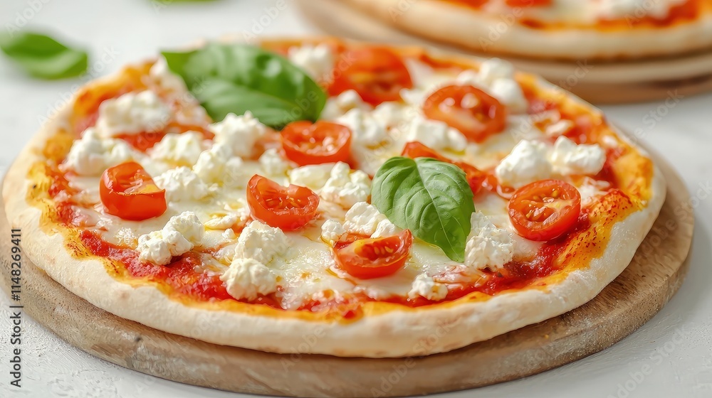 Delicious homemade pizza with mozzarella, cherry tomatoes, and basil. Delicious homemade pizza with mozzarella, cherry tomatoes, and basil.