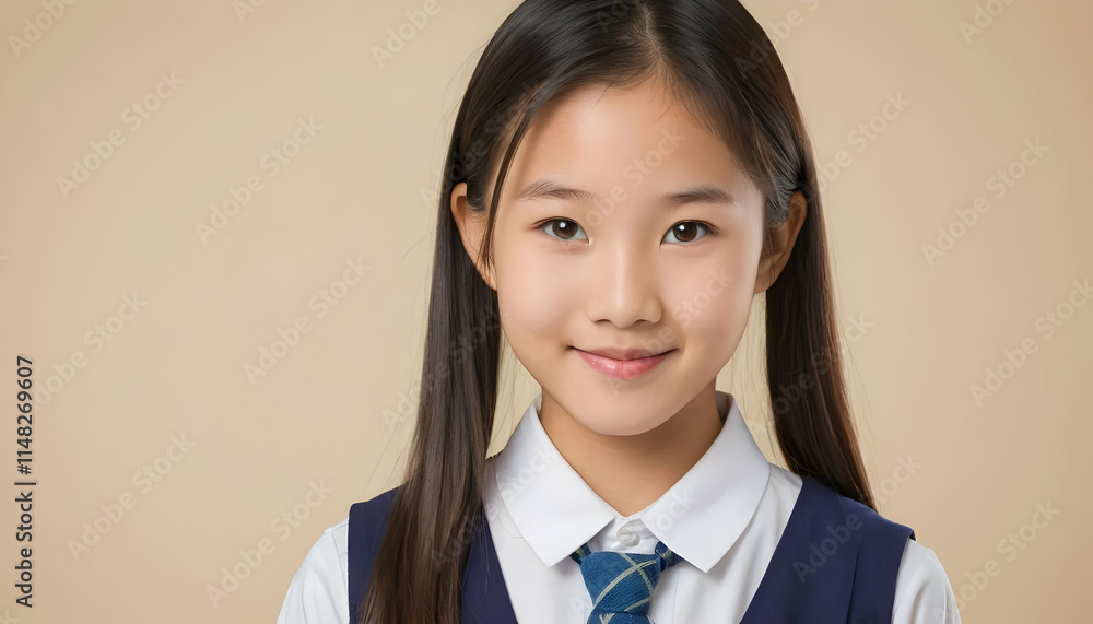 Portrait of a Smiling Asian Schoolgirl in Uniform Against a Beige Background Portrait of a Smiling Asian Schoolgirl in Uniform Against a Beige Background