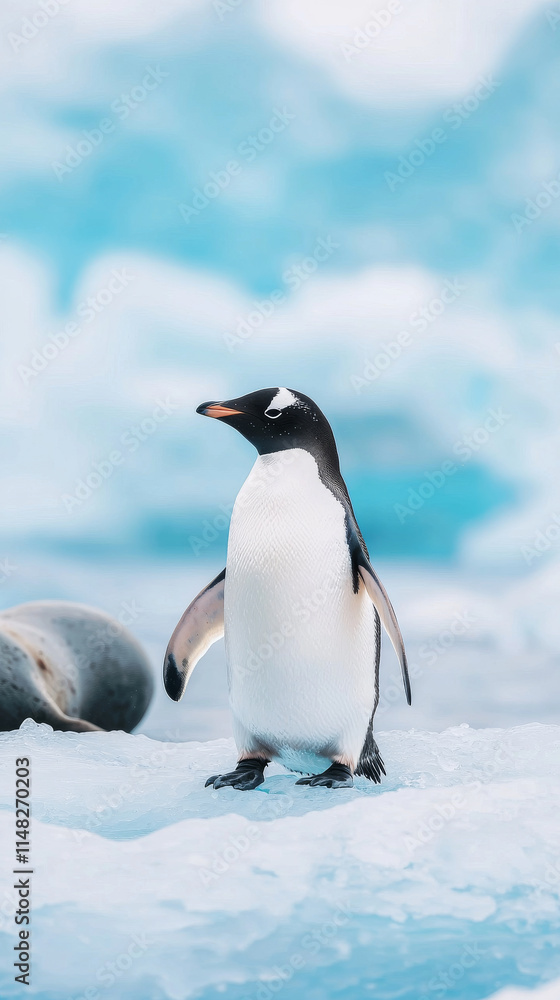 Fototapeta premium solitary penguin stands on icy terrain, surrounded by serene blue backdrop