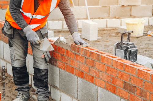 Construction worker bricklayer laying bricks for a building project at a construction site in broad daylight