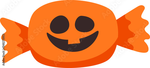 Smiling pumpkin face adorning an orange Halloween candy wrapper, creating a festive touch for trick or treaters or party favors during the spooky autumn celebration