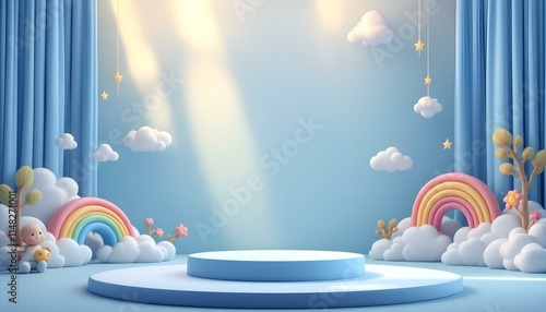 Obraz na płótnie Background podium baby cute product 3d cloud kid children display banner room toy design blue. Podium scene background rainbow baby stand studio presentation shower template stage poster sky w salonie