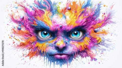 Vibrant colorful fantasy creature face with large blue eyes and splattered paint hair isolated on a white background.