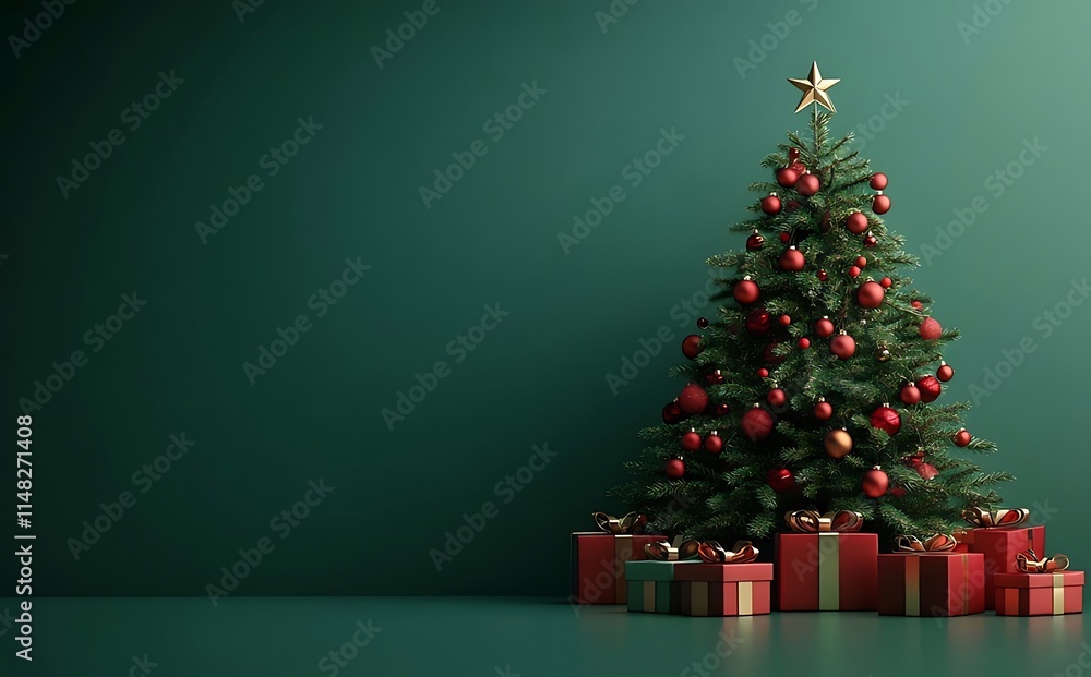 Decorated Christmas tree with presents against a dark green background. Decorated Christmas tree with presents against a dark green background.